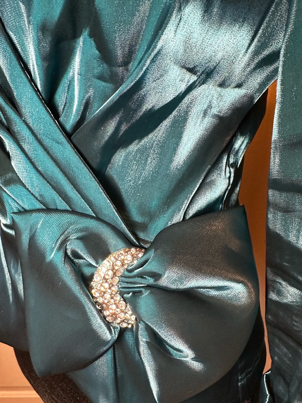 Vintage Cachet Teal Satin Wrap Blouse Rhinestone Buckle Evening Top Size 6 - Picture 5 of 12